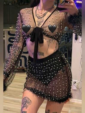 Hot & Delicious Black Pearl-Studded Sheer Mini Skirt